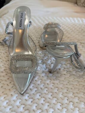 Steve Madden Silver Crystal Buckle Pointed Toe Heels